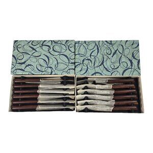 Vintage MCM Steak Knife & Fork Box Set Teak Wood Handles Barker Dixon Sheffield